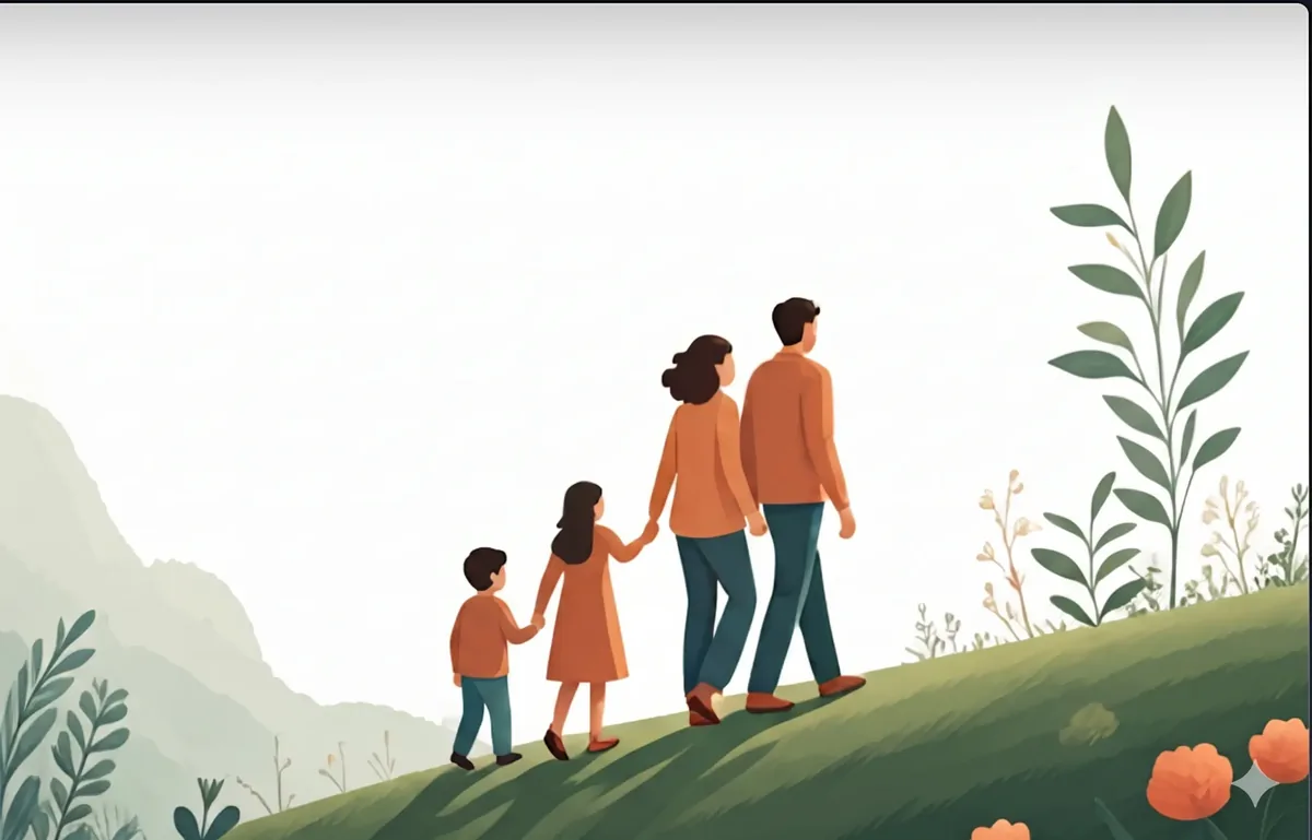 Illustrazione famiglia nel paesaggio