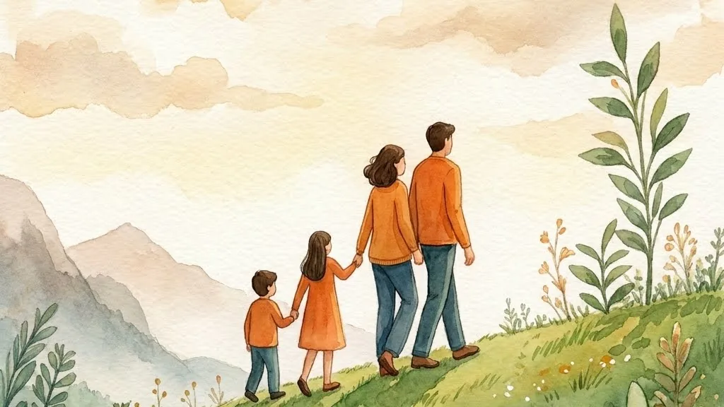 Famiglia che cammina insieme su una collina verde — Cresciamo Insieme